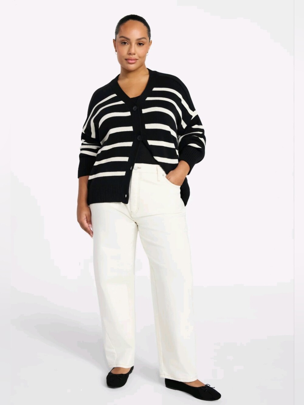 NWT Terra & Sky Boyfriend Cardigan Black Ivory Stripe 4X (28W-30W)